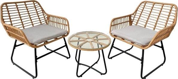 Chomik ABI3408 Garden Furniture Set of 3 Pieces, 2 Synthetic Rattan Armchairs with Cushions and 1 Glass Top Table, Metal Frame, 630x800x660 mm