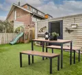 Set de Mobilier de Grădină Chomik MEB0858 Garden Line din 3 Piese, 1 Masă și 2 Bănci, Cadru Metalic cu Lame Aspect Lemn, Negru, Lățime 1100mm