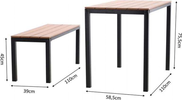 Set de Mobilier de Grădină Chomik MEB0858 Garden Line din 3 Piese, 1 Masă și 2 Bănci, Cadru Metalic cu Lame Aspect Lemn, Negru, Lățime 1100mm