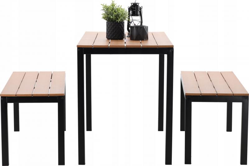 Set de Mobilier de Grădină Chomik MEB0858 Garden Line din 3 Piese, 1 Masă și 2 Bănci, Cadru Metalic cu Lame Aspect Lemn, Negru, Lățime 1100mm