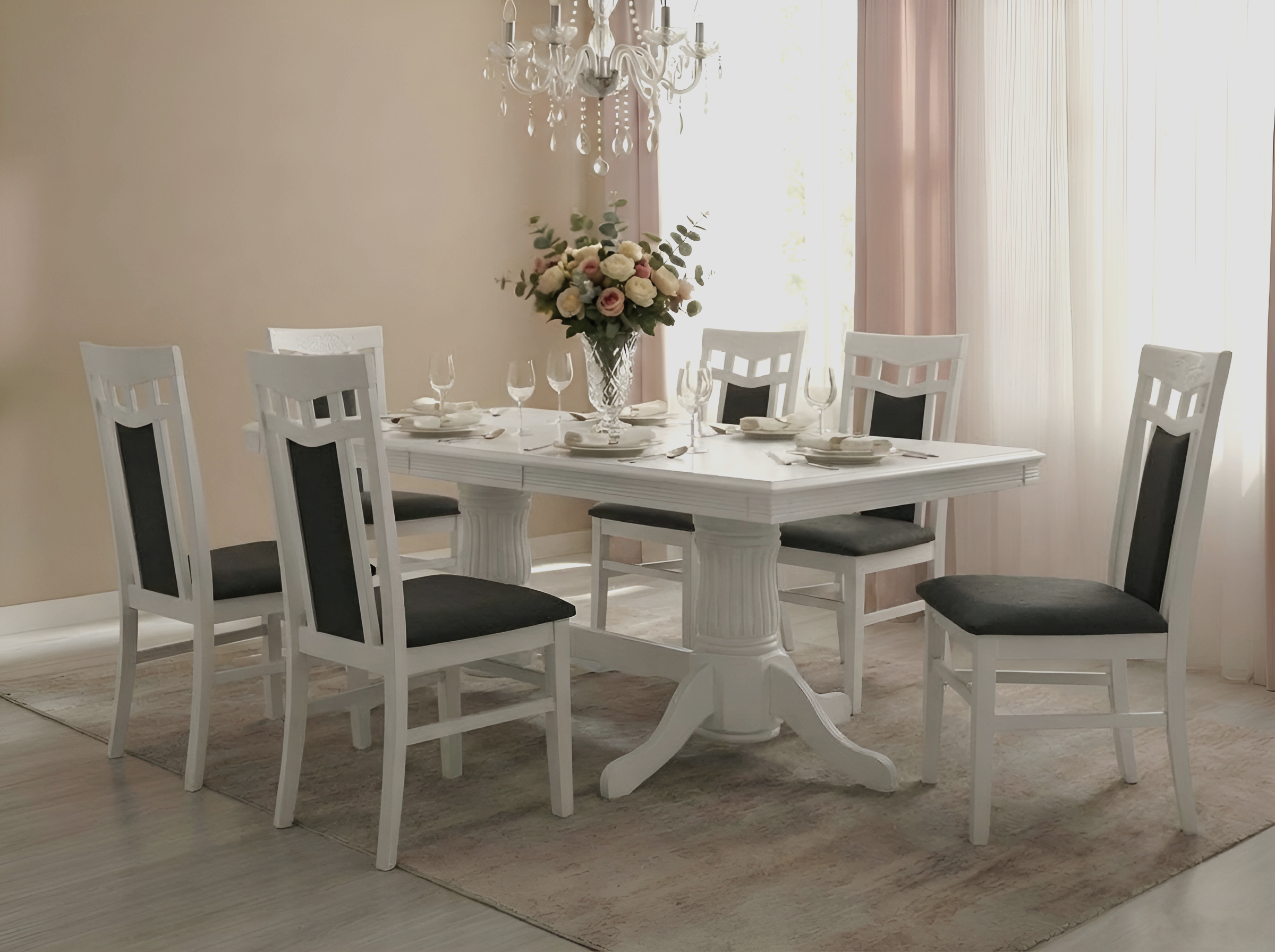 Раздвижной прямоугольный обеденный стол Elegance из массива малайзийского бука, белый, 1600-2800 x 1000 x 770 мм, классический стиль с резными ножками