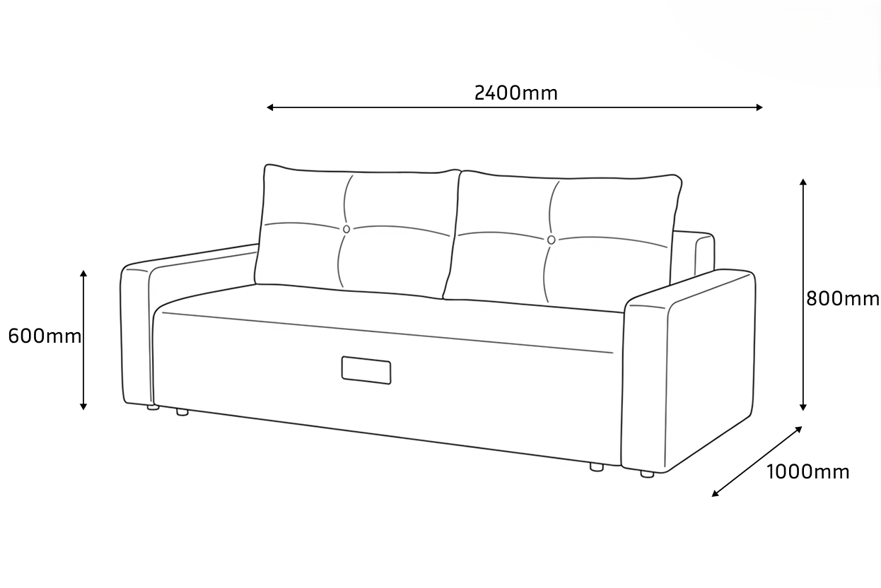 SidiM Teodor Sofa Bed, Modern Grey Fabric, Pantograph Mechanism, Orthopedic Support, Wood Frame with Storage Drawer, 2400x1000x800 mm