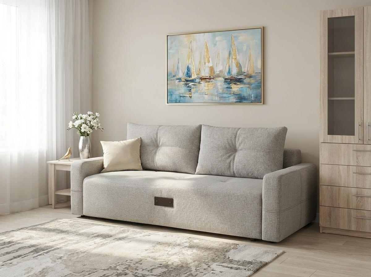 SidiM Teodor Sofa Bed, Modern Grey Fabric, Pantograph Mechanism, Orthopedic Support, Wood Frame with Storage Drawer, 2400x1000x800 mm