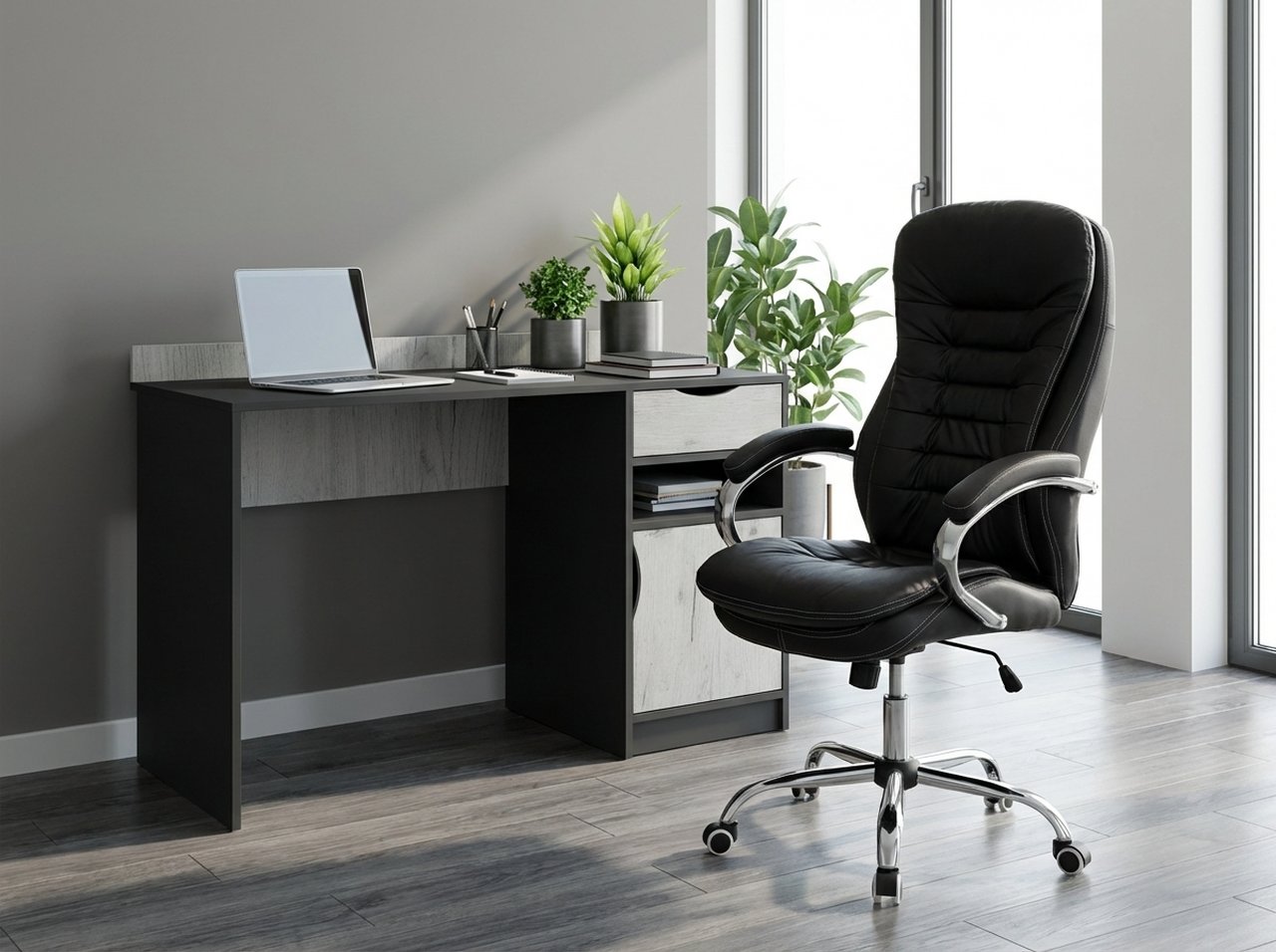 Fabrik Home N-24 TOMAS Office Chair, High Back Artificial Leather, Chrome Frame and 5-Star Base with Casters, 1200mm Height, Color: Black