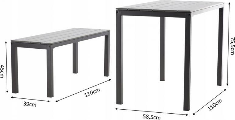 Chomik MEB0841 Kitchen Set of 3 Pieces, Plastic Table and 2 Benches, Metal Frame, Grey, Table 110x58.5x75.5 cm, Benches 110x39x45 cm