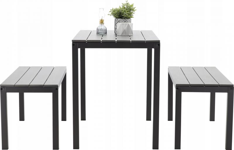 Chomik MEB0841 Kitchen Set of 3 Pieces, Plastic Table and 2 Benches, Metal Frame, Grey, Table 110x58.5x75.5 cm, Benches 110x39x45 cm