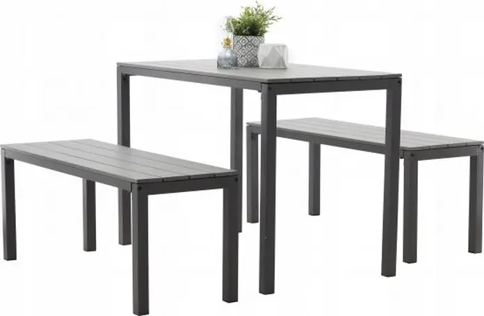 Chomik MEB0841 Kitchen Set of 3 Pieces, Plastic Table and 2 Benches, Metal Frame, Grey, Table 110x58.5x75.5 cm, Benches 110x39x45 cm