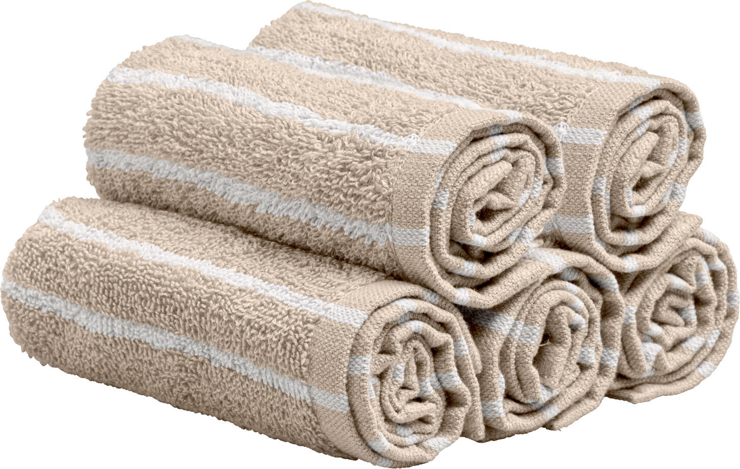 PULSIVA LUSINI Solutions GmbH Face towel Tinos Seiftuch Tinos Face towel Tinos; 30x30 cm (WxL); beige/white; 5 piece / pack Seiftuch Tinos; 30x30 cm (BxL); beige/weiß; 5 Stück / Pack 100 % cotton. Weight approx. 450 g/m². The Tinos soap cloth made of 100% cotton is a reliable solution for guest WCs, hotel rooms and spa areas. With its dense terry towelling quality of approx. 450 g/m², it is pleasantly soft, absorbent and robust - ideal for areas with frequent textile changes and many guests. The modern striped design is created by colour-fast cotton fibres dyed in the yarn, which retain a clear appearance even after many washes. The pre-wash gives the soap cloth a soft feel and ensures that it hardly shrinks in practical use. The Tinos range is Ökotex tested, which offers additional safety for businesses that value tested materials. Tinos is particularly impressive in everyday professional use thanks to its easy handling: the small format saves space, can be folded quickly and is easy to store. The robust structure ensures that the soap cloth can withstand intensive washing cycles without losing its shape. Whether in guest rooms, spa rooms, cosmetic areas or company washrooms - the Tinos soap towel contributes to a uniform, modern appearance. Personalisation possible. Important features at a glance: * 100% cotton in dense terry towelling quality * approx. 450 g/m² - pleasantly voluminous and absorbent * Modern striped look thanks to dyed cotton yarns * Oekotex tested * Soft right from the start thanks to pre-wash * Dimensionally stable and durable with daily use * Ideal for hotels, guest houses, spa areas and washrooms 100 % Baumwolle. Gewicht ca. 450 g/m². Das Seiftuch Tinos aus 100 % Baumwolle ist eine zuverlässige Lösung für Gäste WCs, Hotelzimmer und Spa Bereiche. Mit der dichten Walkfrottierqualität von ca. 450 g/m² ist es angenehm weich, saugfähig und robust – ideal für Bereiche mit häufigem Textilwechsel und vielen Gästen. Das moderne Streifendesign entsteht durch farbechte, im Garn eingefärbte Baumwollfasern, die auch nach vielen Wäschen eine klare Optik behalten. Die Vorwäsche verleiht dem Seiftuch einen weichen Griff und sorgt dafür, dass es im praktischen Einsatz kaum einläuft. Die Serie Tinos  ist Ökotex geprüft, was zusätzliche Sicherheit für Betriebe bietet, die Wert auf geprüfte Materialien legen. Gerade im professionellen Alltag überzeugt Tinos durch einfache Handhabung: Das kleine Format spart Platz, lässt sich schnell falten und gut lagern. Die robuste Struktur sorgt dafür, dass das Seiftuch auch intensiven Wäschezyklen standhält, ohne seine Form zu verlieren. Ob in Gästezimmern, Spa Räumen, Kosmetikbereichen oder betrieblichen Sanitärräumen – das Seiftuch Tinos trägt zu einem einheitlichen, modernen Erscheinungsbild bei. Personalisierung möglich. Wichtige Merkmale auf einen Blick: * 100 % Baumwolle in dichter Walkfrottierqualität * ca. 450 g/m² – angenehm voluminös und saugfähig * Moderne Streifenoptik durch eingefärbte Baumwollgarne * Ökotex geprüft * Von Anfang an weich dank Vorwäsche * Formstabil und langlebig bei täglicher Nutzung * Ideal für Hotels, Pensionen, Spa Bereiche und Sanitärräume