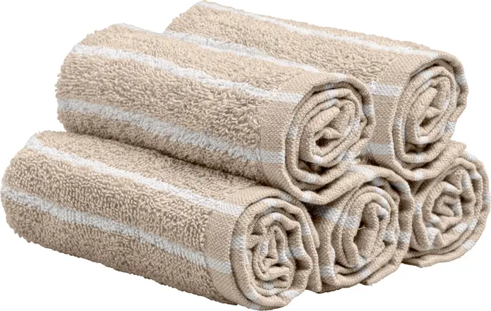 PULSIVA LUSINI Solutions GmbH Face towel Tinos Seiftuch Tinos Face towel Tinos; 30x30 cm (WxL); beige/white; 5 piece / pack Seiftuch Tinos; 30x30 cm (BxL); beige/weiß; 5 Stück / Pack 100 % cotton. Weight approx. 450 g/m². The Tinos soap cloth made of 100% cotton is a reliable solution for guest WCs, hotel rooms and spa areas. With its dense terry towelling quality of approx. 450 g/m², it is pleasantly soft, absorbent and robust - ideal for areas with frequent textile changes and many guests. The modern striped design is created by colour-fast cotton fibres dyed in the yarn, which retain a clear appearance even after many washes. The pre-wash gives the soap cloth a soft feel and ensures that it hardly shrinks in practical use. The Tinos range is Ökotex tested, which offers additional safety for businesses that value tested materials. Tinos is particularly impressive in everyday professional use thanks to its easy handling: the small format saves space, can be folded quickly and is easy to store. The robust structure ensures that the soap cloth can withstand intensive washing cycles without losing its shape. Whether in guest rooms, spa rooms, cosmetic areas or company washrooms - the Tinos soap towel contributes to a uniform, modern appearance. Personalisation possible. Important features at a glance: * 100% cotton in dense terry towelling quality * approx. 450 g/m² - pleasantly voluminous and absorbent * Modern striped look thanks to dyed cotton yarns * Oekotex tested * Soft right from the start thanks to pre-wash * Dimensionally stable and durable with daily use * Ideal for hotels, guest houses, spa areas and washrooms 100 % Baumwolle. Gewicht ca. 450 g/m². Das Seiftuch Tinos aus 100 % Baumwolle ist eine zuverlässige Lösung für Gäste WCs, Hotelzimmer und Spa Bereiche. Mit der dichten Walkfrottierqualität von ca. 450 g/m² ist es angenehm weich, saugfähig und robust – ideal für Bereiche mit häufigem Textilwechsel und vielen Gästen. Das moderne Streifendesign entsteht durch farbechte, im Garn eingefärbte Baumwollfasern, die auch nach vielen Wäschen eine klare Optik behalten. Die Vorwäsche verleiht dem Seiftuch einen weichen Griff und sorgt dafür, dass es im praktischen Einsatz kaum einläuft. Die Serie Tinos ist Ökotex geprüft, was zusätzliche Sicherheit für Betriebe bietet, die Wert auf geprüfte Materialien legen. Gerade im professionellen Alltag überzeugt Tinos durch einfache Handhabung: Das kleine Format spart Platz, lässt sich schnell falten und gut lagern. Die robuste Struktur sorgt dafür, dass das Seiftuch auch intensiven Wäschezyklen standhält, ohne seine Form zu verlieren. Ob in Gästezimmern, Spa Räumen, Kosmetikbereichen oder betrieblichen Sanitärräumen – das Seiftuch Tinos trägt zu einem einheitlichen, modernen Erscheinungsbild bei. Personalisierung möglich. Wichtige Merkmale auf einen Blick: * 100 % Baumwolle in dichter Walkfrottierqualität * ca. 450 g/m² – angenehm voluminös und saugfähig * Moderne Streifenoptik durch eingefärbte Baumwollgarne * Ökotex geprüft * Von Anfang an weich dank Vorwäsche * Formstabil und langlebig bei täglicher Nutzung * Ideal für Hotels, Pensionen, Spa Bereiche und Sanitärräume