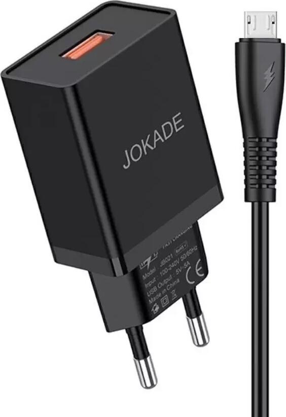 Jokade JB022 Wall Charger 5V 5A USB Type-A EU Plug with Micro-USB Cable, Polycarbonate Compact Adapter with Overvoltage Protection, Set of 2 Pieces