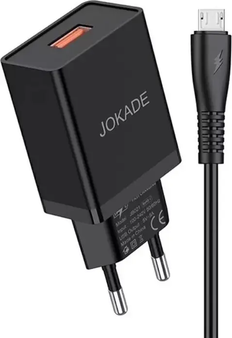Jokade JB022 Wall Charger 5V 5A USB Type-A EU Plug with Micro-USB Cable, Polycarbonate Compact Adapter with Overvoltage Protection, Set of 2 Pieces