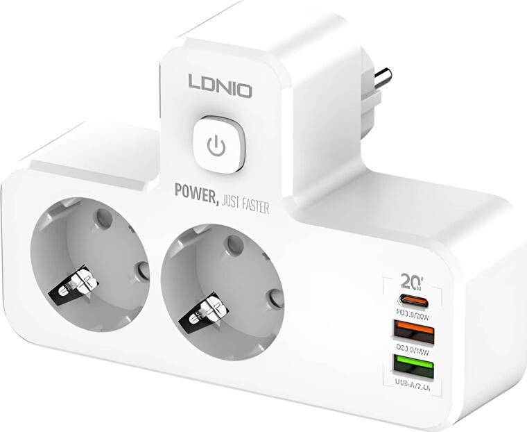 Prelungitor Portabil LDNIO SE2337, 2 Prize EU, 3 Porturi USB (Type-C PD 20W, QC3.0, Auto-ID), 2500W, PC Ignifug, Lampa de Noapte Touch, Alb