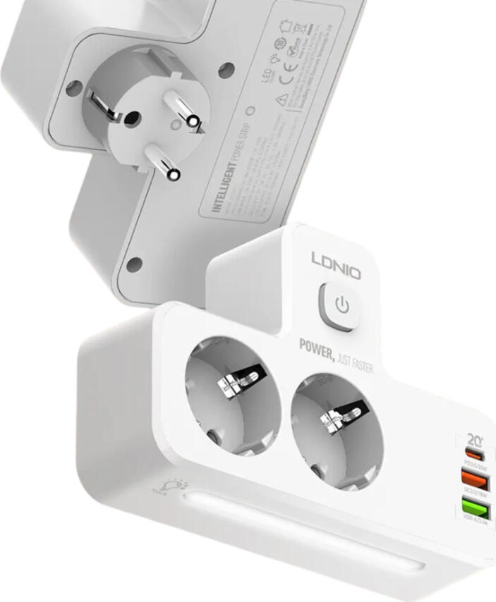 Prelungitor Portabil LDNIO SE2337, 2 Prize EU, 3 Porturi USB (Type-C PD 20W, QC3.0, Auto-ID), 2500W, PC Ignifug, Lampa de Noapte Touch, Alb