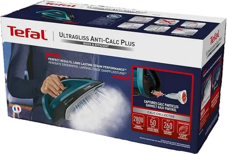 Tefal FV6832E0 Steam Iron, 2800W, Metaloceramic Ultragliss Soleplate, Anti-Calc Plus, 50g/min Continuous Steam, 260g/min Boost, Blue