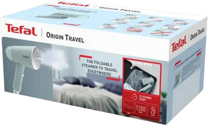 Ручной отпариватель Tefal DT1034E1 Origin Travel, 1200 Вт, 20 г/мин, складная конструкция, светло-голубой, набор из 3 предметов с щеткой и чехлом