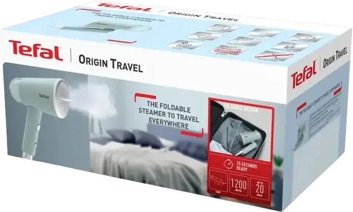 Ручной отпариватель Tefal DT1034E1 Origin Travel, 1200 Вт, 20 г/мин, складная конструкция, светло-голубой, набор из 3 предметов с щеткой и чехлом