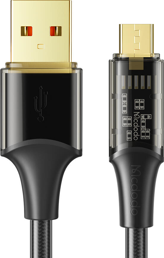 Кабель Mcdodo Amber Series CA-210 USB-A - Micro USB, Быстрая Зарядка 3A, 1.2м Нейлоновая Оплетка, Прозрачные Позолоченные Коннекторы, Черный