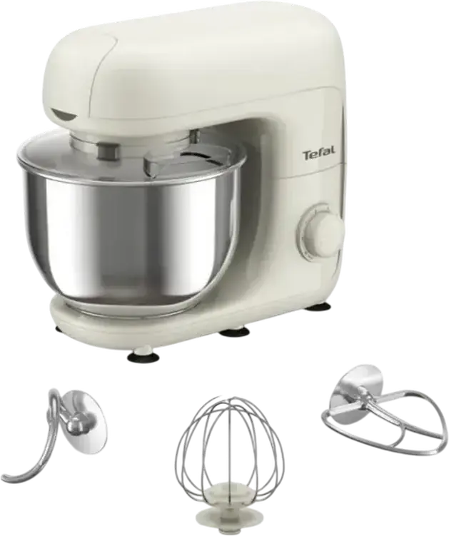 Tefal QB160138 Bake Essential Stand Mixer, 800W, 4.8L Stainless Steel Bowl, 6 Speed Levels with Pulse, Double Planetary Mixing, Beige