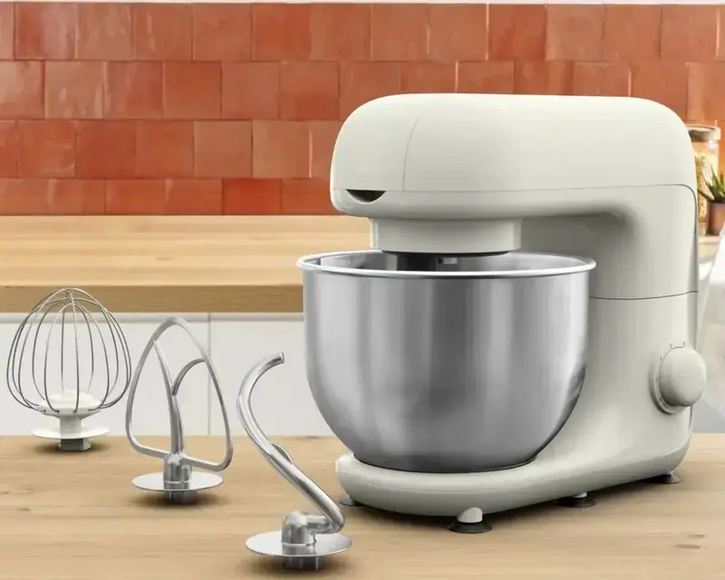 Tefal QB160138 Bake Essential Stand Mixer, 800W, 4.8L Stainless Steel Bowl, 6 Speed Levels with Pulse, Double Planetary Mixing, Beige