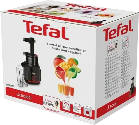Sforator de fructe slow cold press Tefal Juiceo ZC150838, 150W, 80 RPM, Filtru Inox, Containere 0.8L, Sistem Anti-picurare, Negru