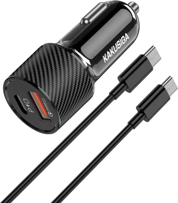 Автомобильное зарядное устройство KAKU KSC-678 с встроенным кабелем USB-C на USB-C, мощность 38 Вт, порты PD 20 Вт и QC 3.0 18 Вт, дизайн под карбон, черный