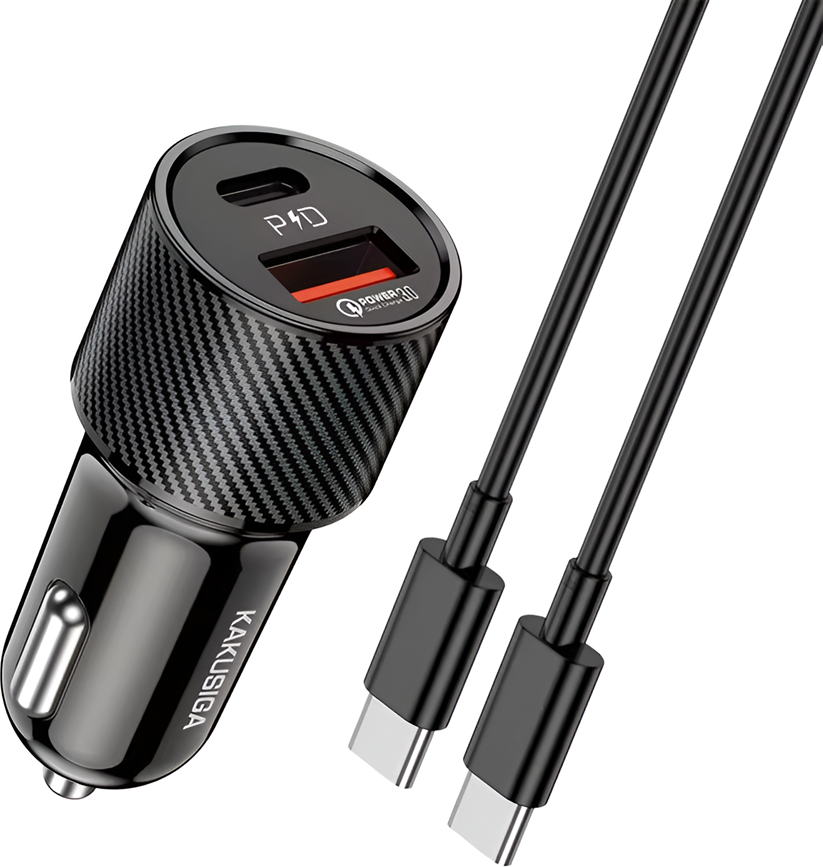 Автомобильное зарядное устройство KAKU KSC-678 с встроенным кабелем USB-C на USB-C, мощность 38 Вт, порты PD 20 Вт и QC 3.0 18 Вт, дизайн под карбон, черный