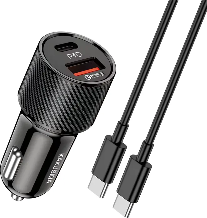Автомобильное зарядное устройство KAKU KSC-678 с встроенным кабелем USB-C на USB-C, мощность 38 Вт, порты PD 20 Вт и QC 3.0 18 Вт, дизайн под карбон, черный