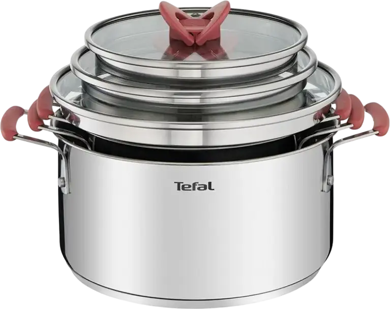 Tefal Opti'Space Stainless Steel Cookware Set of 6 Pieces, Induction Compatible, Stackable Pots with Glass Lids, Thermo-Fusion Technology