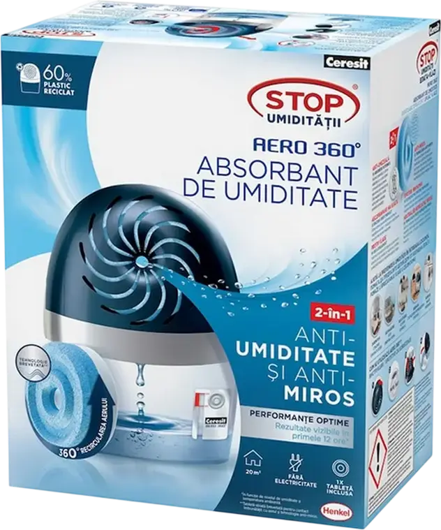 Ceresit Aero 360 Chemical Dehumidifier and Moisture Absorber, Blue, 360 Degree Airflow, 450g Absorbent Tablet, for Areas up to 20 sqm / 50 cbm