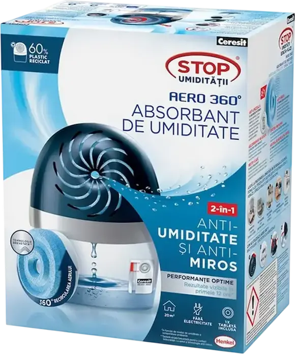 Ceresit Aero 360 Chemical Dehumidifier and Moisture Absorber, Blue, 360 Degree Airflow, 450g Absorbent Tablet, for Areas up to 20 sqm / 50 cbm