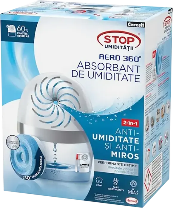 Ceresit Aero 360 Chemical Dehumidifier and Moisture Absorber, White, 360 Degree Airflow, 450g Absorbent Tablet, for Areas up to 20 sqm / 50 cbm