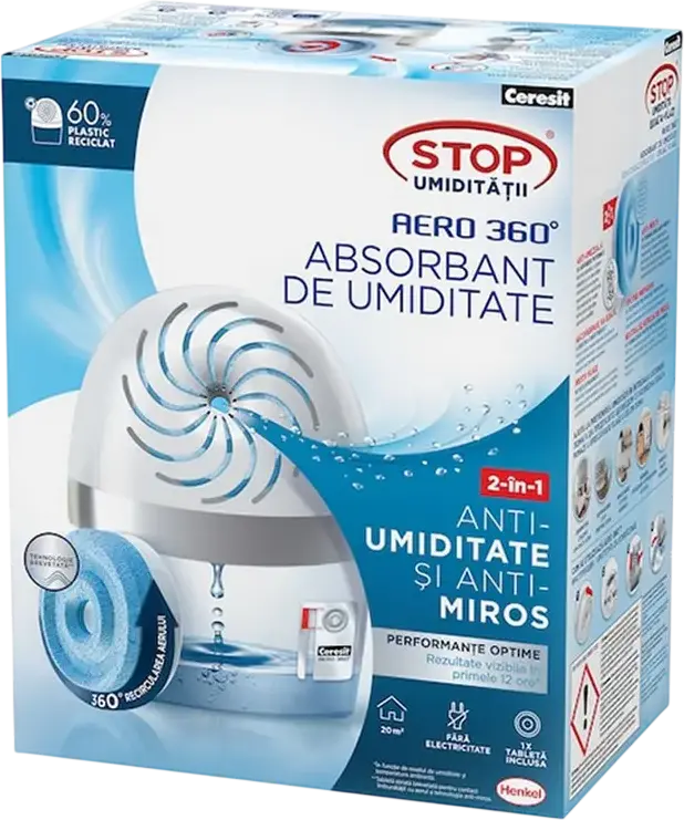Ceresit Aero 360 Chemical Dehumidifier and Moisture Absorber, White, 360 Degree Airflow, 450g Absorbent Tablet, for Areas up to 20 sqm / 50 cbm