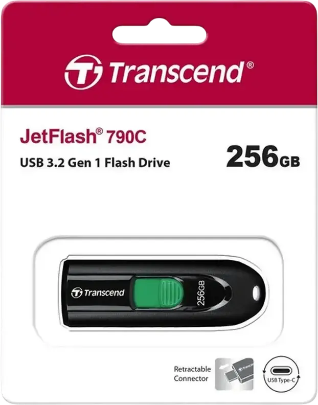 Transcend JetFlash 790C 256GB USB 3.2 Gen 1 Type-C Flash Drive, 90MB/s Read, 45MB/s Write, Capless Retractable Slider, Black