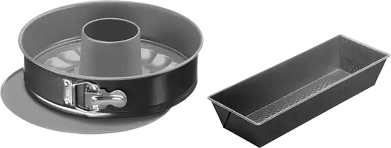Set de 3 piese forme de copt Tefal Easybake J174S274 din otel carbon antiaderent, include tava rotunda cu bordura detaibila 26cm, baza Savarin si tava dreptunghiulara 26cm, gri