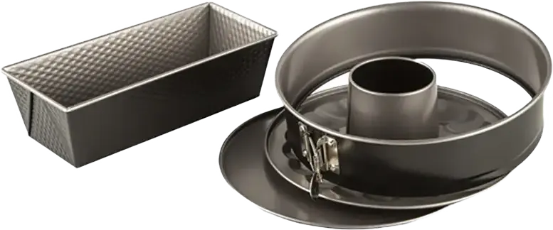 Set de 3 piese forme de copt Tefal Easybake J174S274 din otel carbon antiaderent, include tava rotunda cu bordura detaibila 26cm, baza Savarin si tava dreptunghiulara 26cm, gri