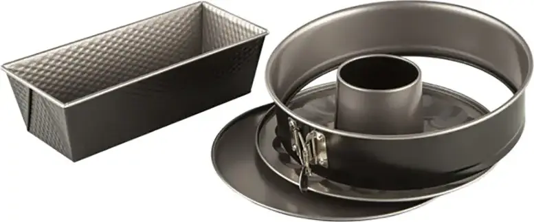 Set de 3 piese forme de copt Tefal Easybake J174S274 din otel carbon antiaderent, include tava rotunda cu bordura detaibila 26cm, baza Savarin si tava dreptunghiulara 26cm, gri