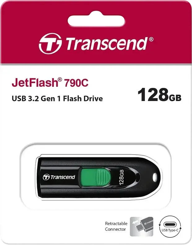 Transcend JetFlash 790C 128GB USB 3.2 Gen 1 Type-C Flash Drive, 5Gbps Transfer Speed, Capless Retractable Slider Design, Black