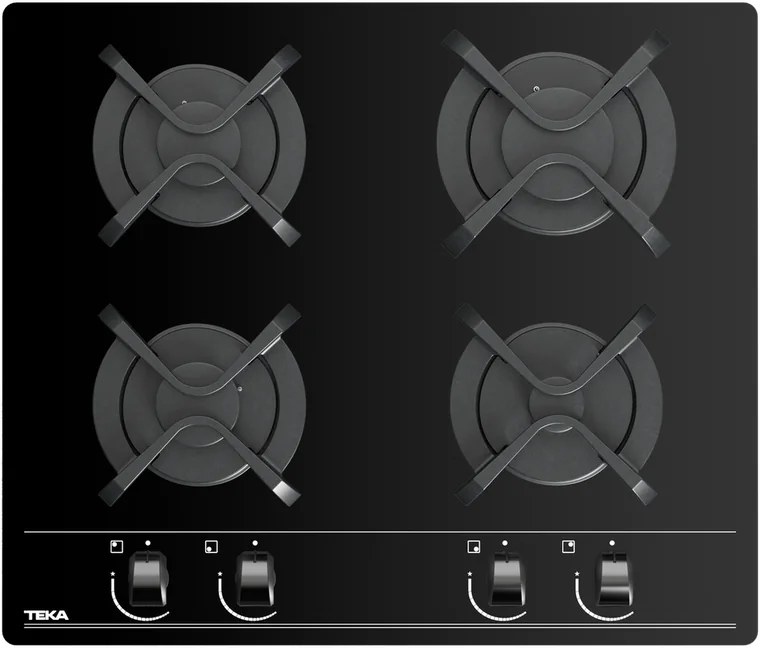 Teka GBC 64000 KBC BK Gas on Glass Hob, 4 Burners, Black Color, Black C-edged Secured Glass, Cast Iron Grids, SABAF High Efficiency, 60x51 cm