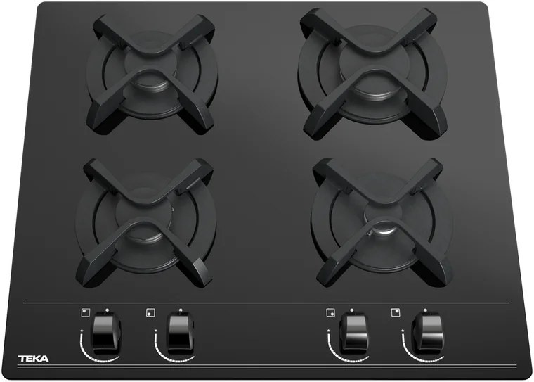 Teka GBC 64000 KBC BK Gas on Glass Hob, 4 Burners, Black Color, Black C-edged Secured Glass, Cast Iron Grids, SABAF High Efficiency, 60x51 cm