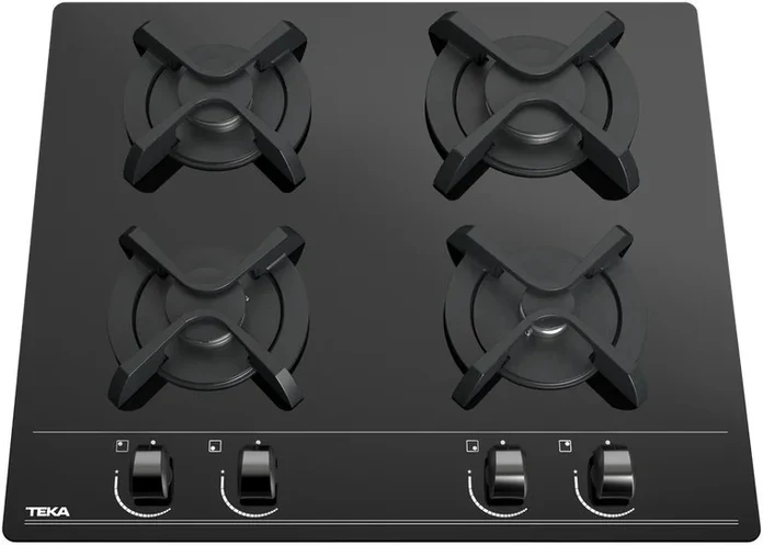 Teka GBC 64000 KBC BK Gas on Glass Hob, 4 Burners, Black Color, Black C-edged Secured Glass, Cast Iron Grids, SABAF High Efficiency, 60x51 cm