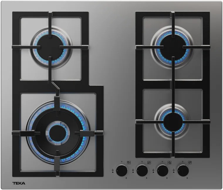 Teka EFX 60.1 AI AL DR CI Gas Hob, 60cm Brushed Stainless Steel, 4 Burners including Double Crown 4kW, Cast Iron Connected Grates, Flame Safety