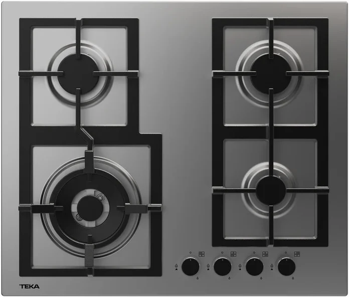 Teka EFX 60.1 AI AL DR CI Gas Hob, 60cm Brushed Stainless Steel, 4 Burners including Double Crown 4kW, Cast Iron Connected Grates, Flame Safety
