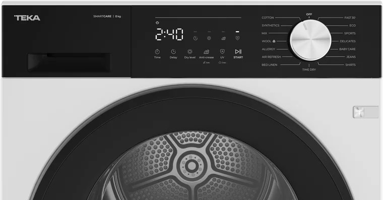 Uscator cu pompa de caldura Teka D 208D W EU SmartCare, Capacitate 8 kg, Motor Inverter, 16 Programe, Tehnologie FreshBreeze, Alb