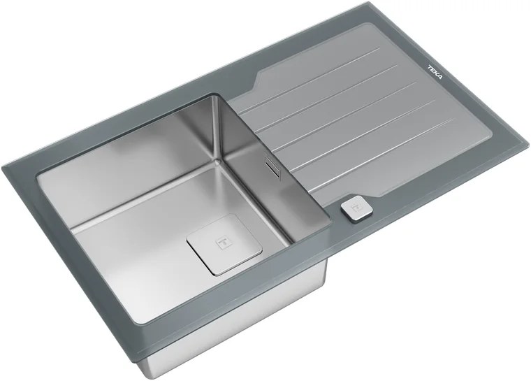 Кухонная мойка Teka DIAMOND RS15 Urban Colors с крылом, 1 чаша из нержавеющей стали, закаленное стекло PureLine Stone Grey, 860x510x200мм, SilentSmart