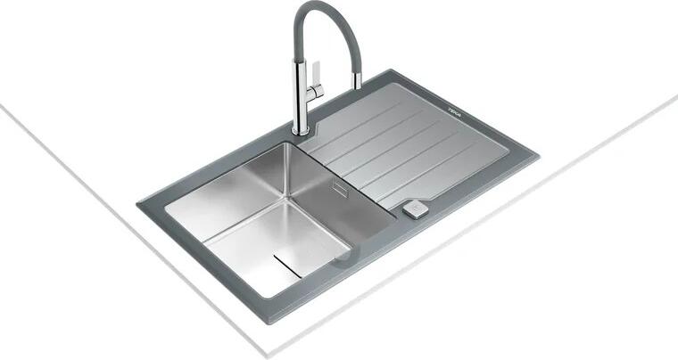 Кухонная мойка Teka DIAMOND RS15 Urban Colors с крылом, 1 чаша из нержавеющей стали, закаленное стекло PureLine Stone Grey, 860x510x200мм, SilentSmart