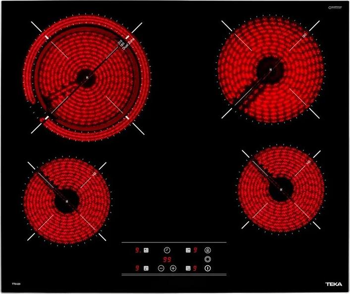 Стеклокерамическая электрическая варочная панель Teka TBC 64320 TTC BK, 4 конфорки, сенсорное управление, 6200 Вт, функции приготовления риса и йогурта, черная, 60x51 см