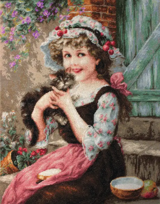 Kit Broderie Luca-S G538 Fetița cu Pisicuță, Pânză Zweigart, Ață Anchor, 35x40 cm, 50 Culori, Calitate Premium