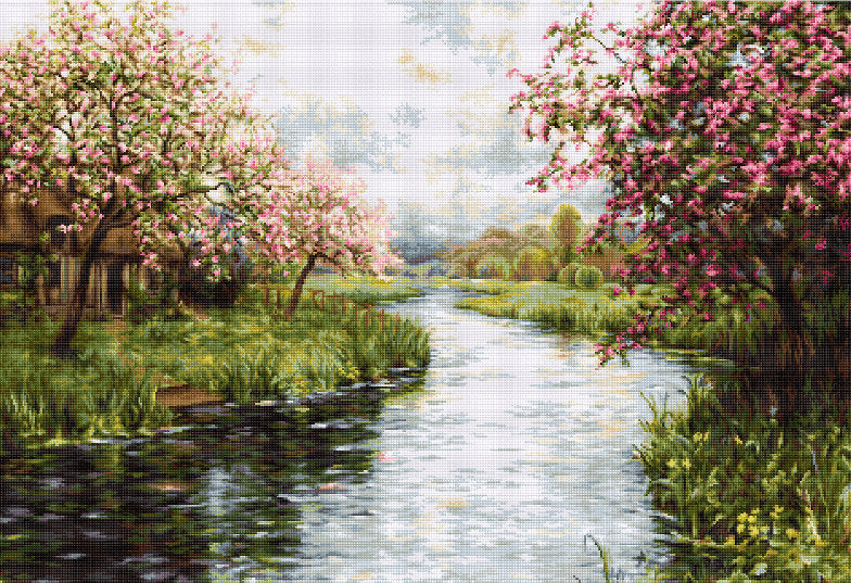 • Dimensiune: 47x32 cm Culori: 43  Pânză: Pointstitch canvas "Zweigart" Ață: muline "Anchor" • Set de Brodat Goblen Luca-S Set de Brodat Goblen Luca-S - Peisaj de primavară, G545