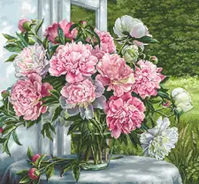 Dimensiune: 29x27cm Culori: 58 Pânză: Pointstitch canvas 25 ct. "Zweigart" Ață: muline "Anchor" © Satarov Seturi de Brodat Goblen Luca-S Seturi de Brodat Goblen Luca-S - Bujori la fereastră, G594