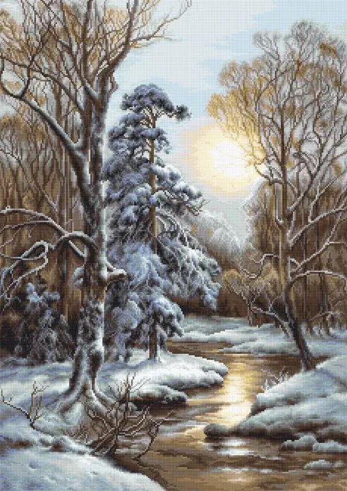 Kit Broderie Gobelin Luca-S G596 Dezgheț, Peisaj Iarnă Pădure Zăpadă, 23x33 cm, 41 Culori, Pânză Zweigart, Ață Anchor